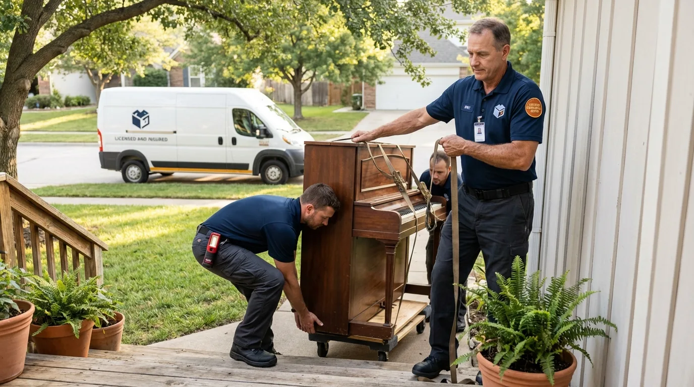 Licensed piano movers securing grand piano in Palisades Park, NJ