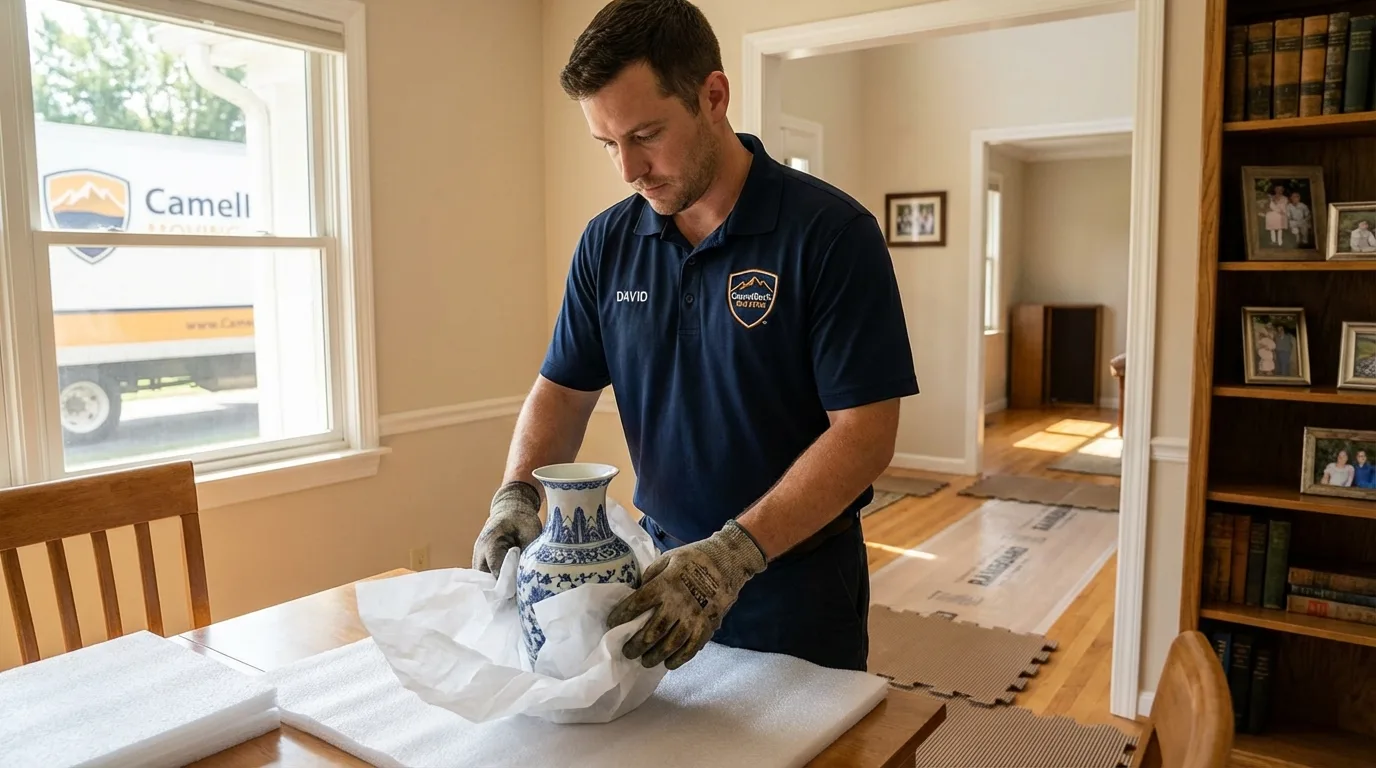 Professional crew carefully wrapping antique vase for senior downsizing move in Palisades Park, NJ